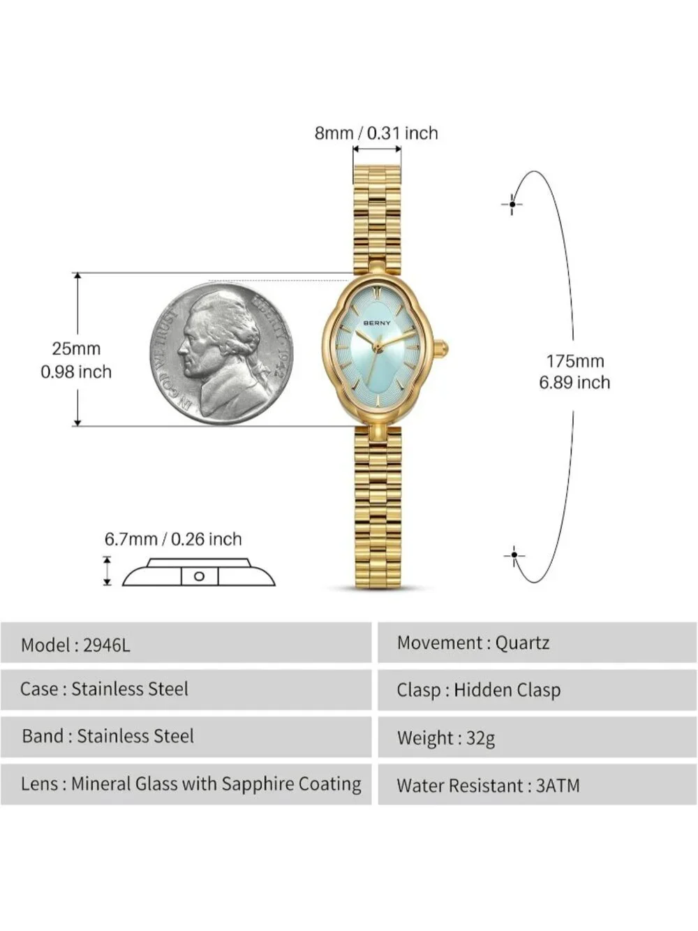 Women's Gold Blue Vintage Copper Mirrors Shape Dainty Ladies Quartz Luxury Watch